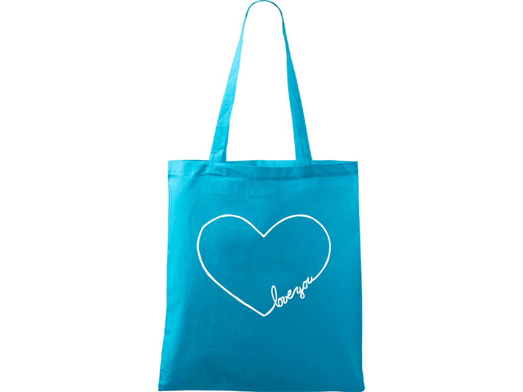 Ručně malovaná plátěná taška Handy - "Love You" srdce Barva tašky: TYRKYSOVÁ, Barva motivu: BÍLÁ