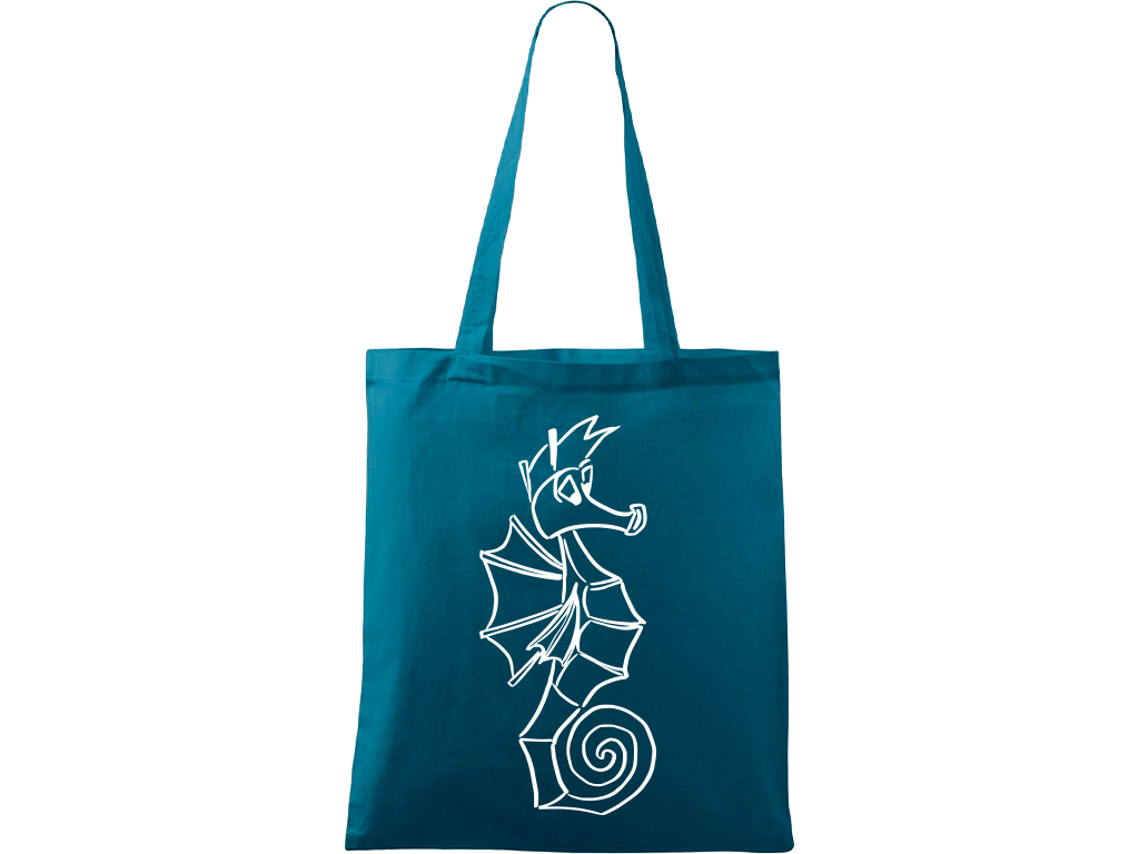 Ručně malovaná plátěná taška Handy - Mořský koník Barva tašky: PETROLEJOVÁ, Barva motivu: BÍLÁ