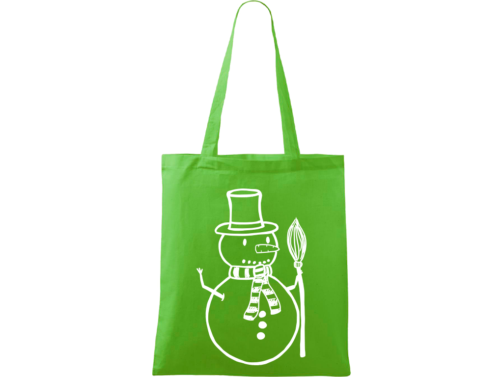 Ručně malovaná plátěná taška Handy - Sněhulák s koštětem Barva tašky: ZELENÁ, Barva motivu: BÍLÁ