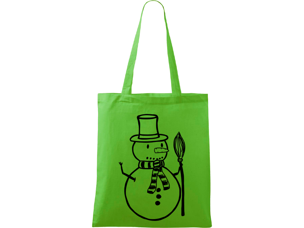 Ručně malovaná plátěná taška Handy - Sněhulák s koštětem Barva tašky: ZELENÁ, Barva motivu: ČERNÁ