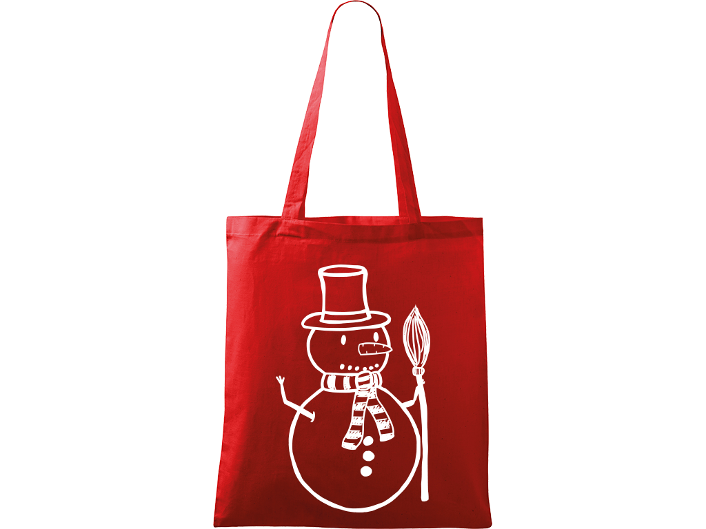 Ručně malovaná plátěná taška Handy - Sněhulák s koštětem Barva tašky: ČERVENÁ, Barva motivu: BÍLÁ