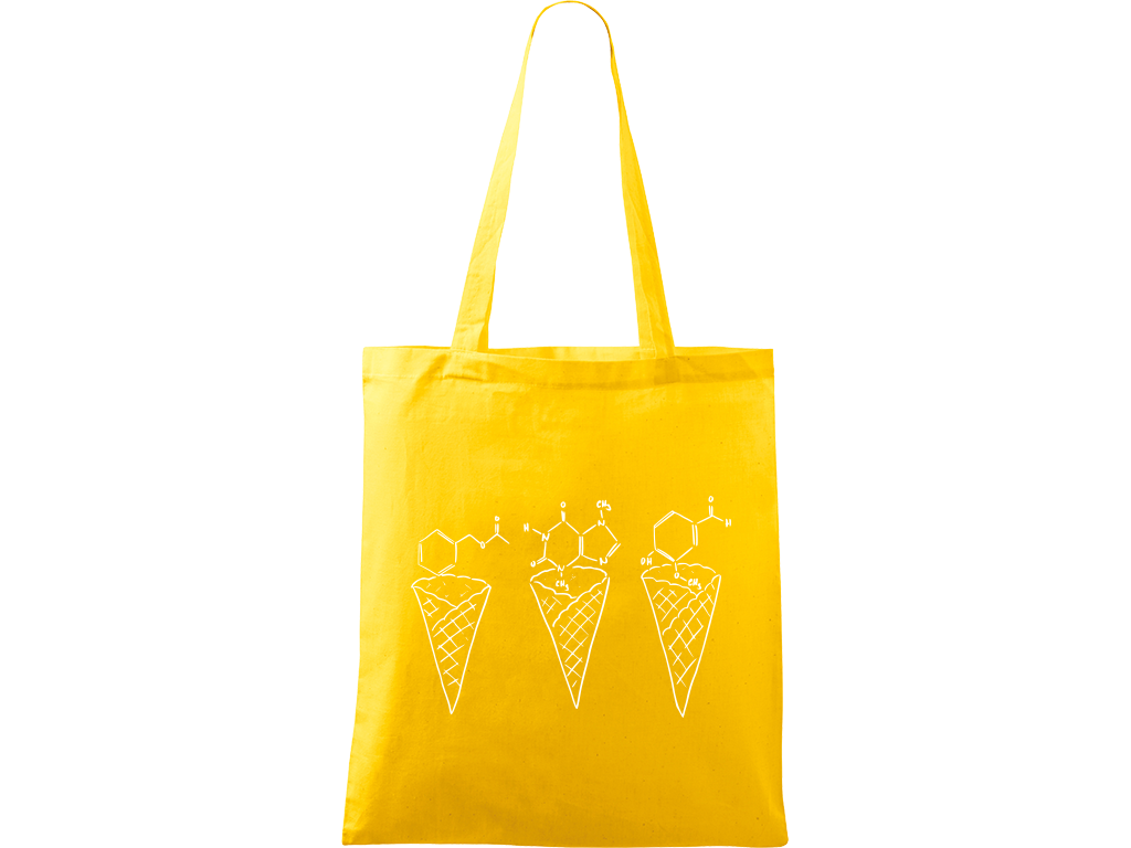 Ručně malovaná plátěná taška Handy - Zmrzliny - Čokoláda, jahoda a vanilka Barva tašky: ŽLUTÁ, Barva motivu: BÍLÁ