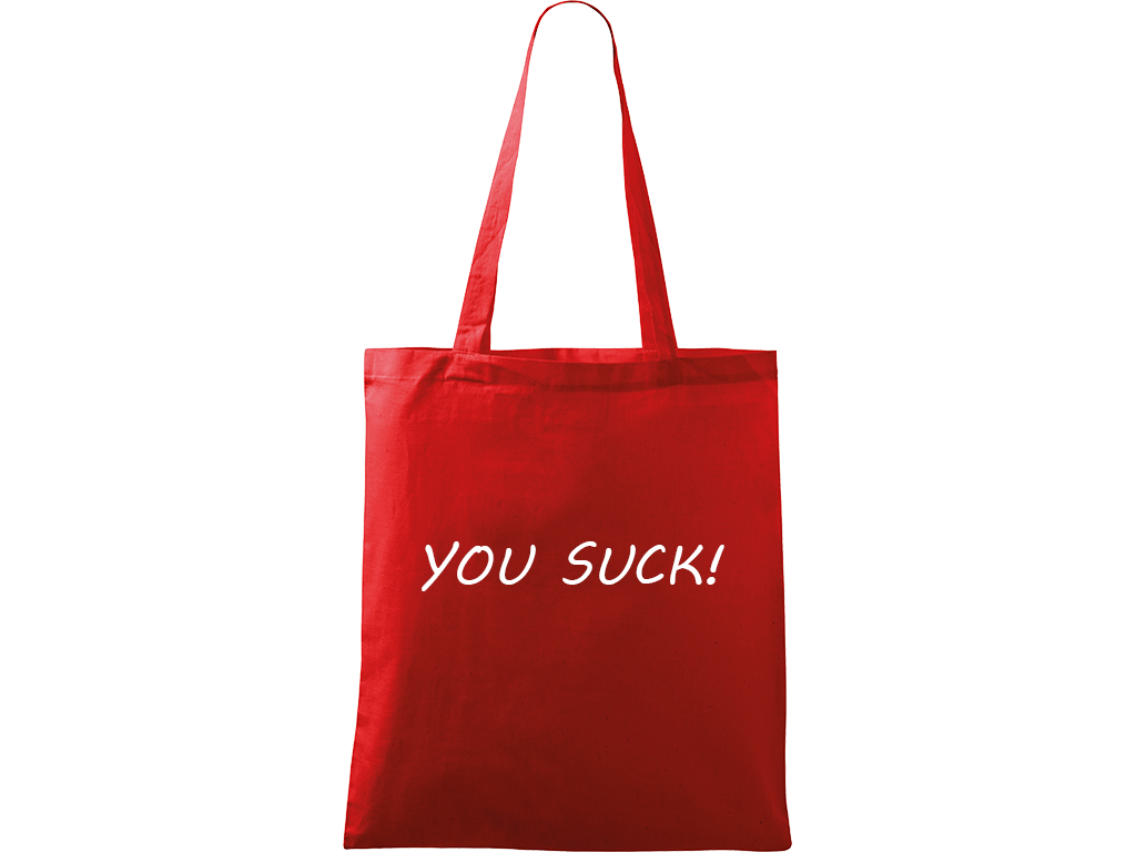 Ručně malovaná plátěná taška Handy - You Suck! Barva tašky: ČERVENÁ, Barva motivu: BÍLÁ