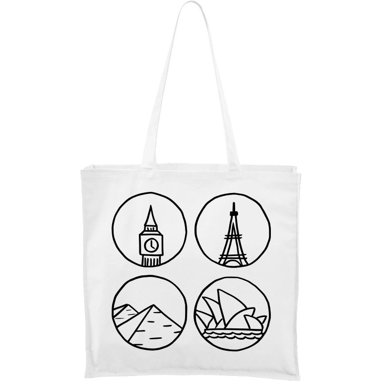 Ručně malovaná plátěná taška Carry - Big Ben, Eiffelovka, Pydamidy a Opera v Sydney Barva tašky: BÍLÁ, Barva motivu: ČERNÁ