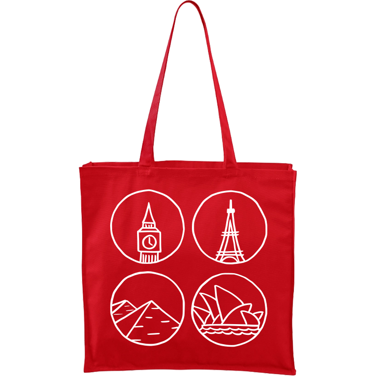 Ručně malovaná plátěná taška Carry - Big Ben, Eiffelovka, Pydamidy a Opera v Sydney Barva tašky: ČERVENÁ, Barva motivu: BÍLÁ