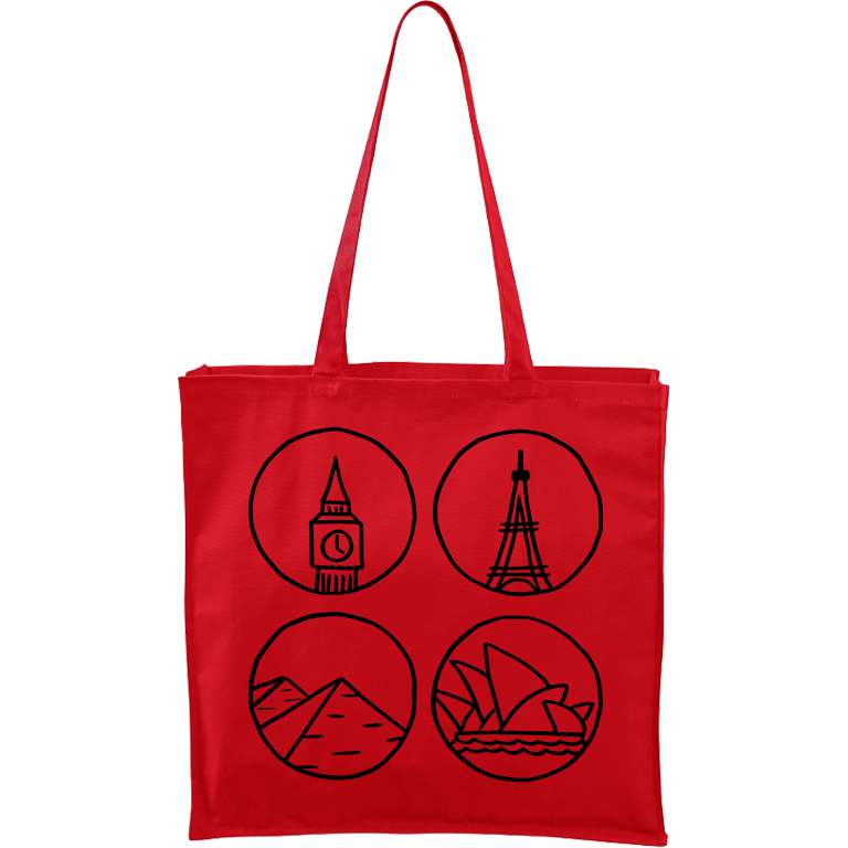 Ručně malovaná plátěná taška Carry - Big Ben, Eiffelovka, Pydamidy a Opera v Sydney Barva tašky: ČERVENÁ, Barva motivu: ČERNÁ