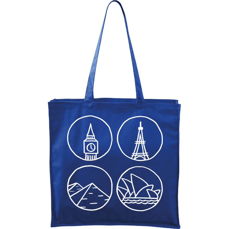 Ručně malovaná plátěná taška Carry - Big Ben, Eiffelovka, Pydamidy a Opera v Sydney Barva tašky: MODRÁ, Barva motivu: BÍLÁ