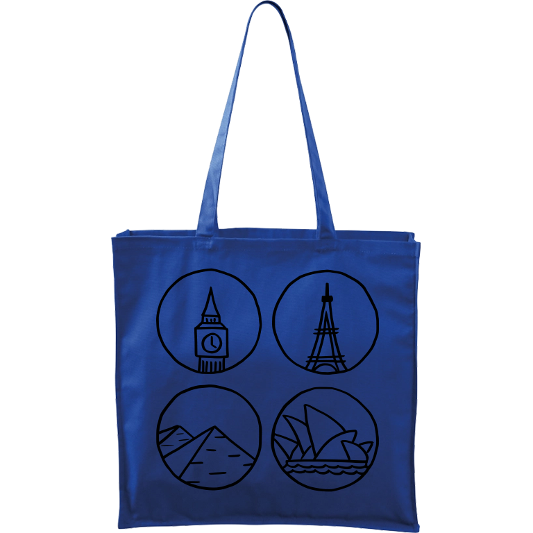 Ručně malovaná plátěná taška Carry - Big Ben, Eiffelovka, Pydamidy a Opera v Sydney Barva tašky: MODRÁ, Barva motivu: ČERNÁ