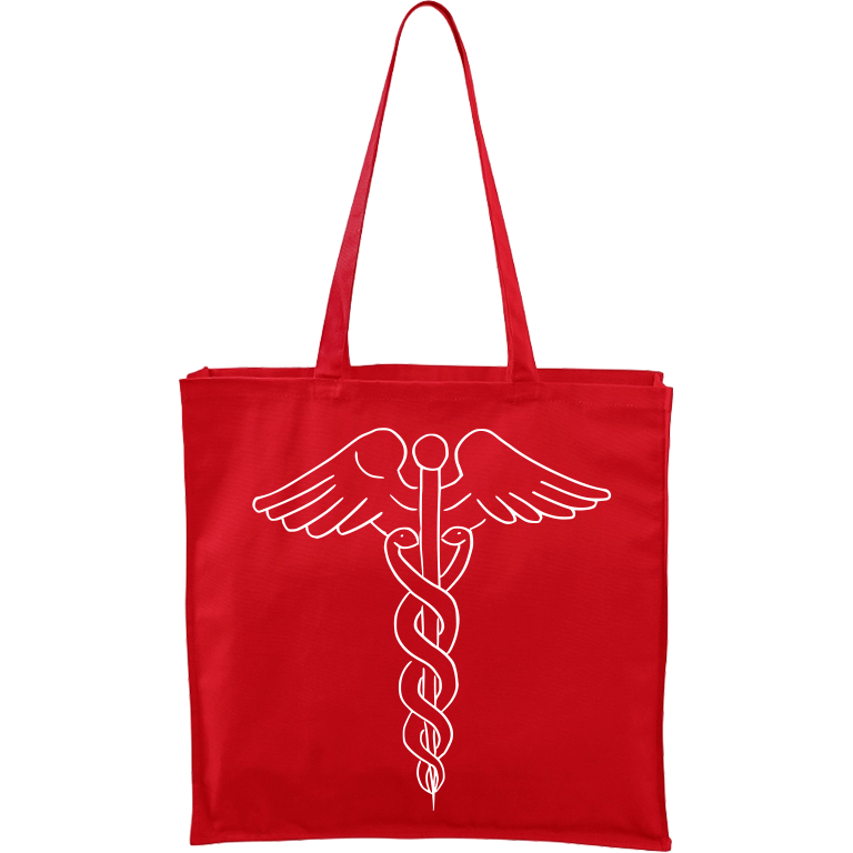 Ručně malovaná plátěná taška Carry - Caduceus Barva tašky: ČERVENÁ, Barva motivu: BÍLÁ