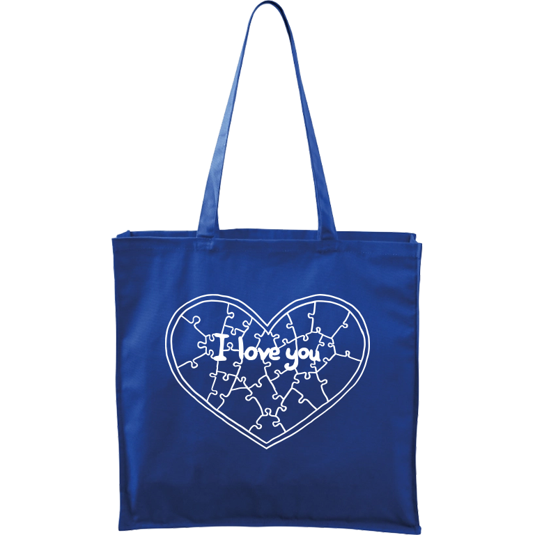 Ručně malovaná plátěná taška Carry - Puzzle srdce Barva tašky: MODRÁ, Barva motivu: BÍLÁ