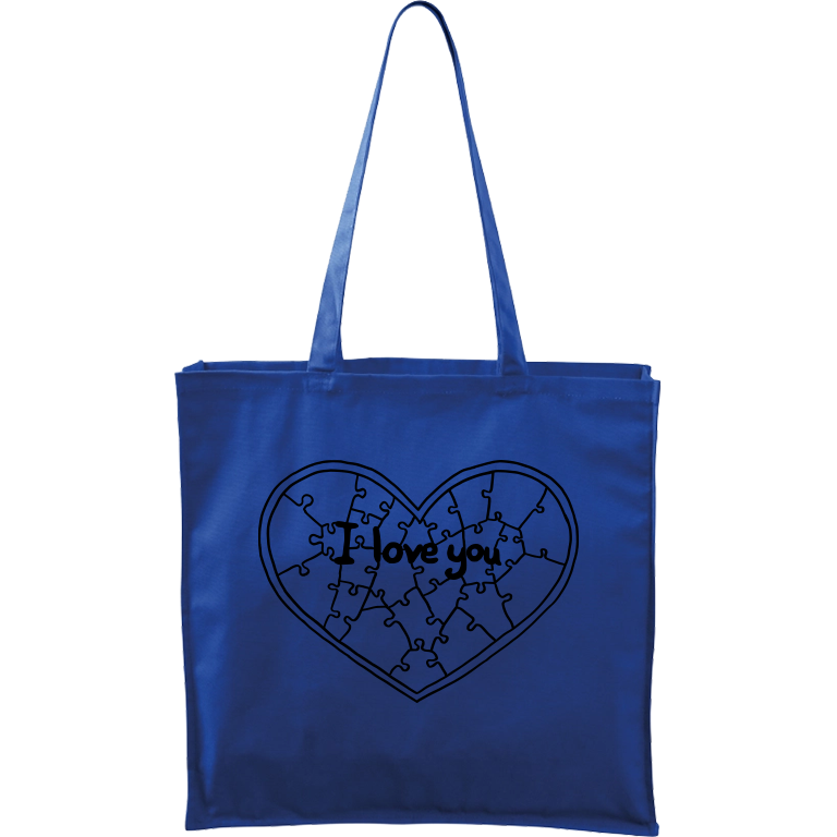 Ručně malovaná plátěná taška Carry - Puzzle srdce Barva tašky: MODRÁ, Barva motivu: ČERNÁ
