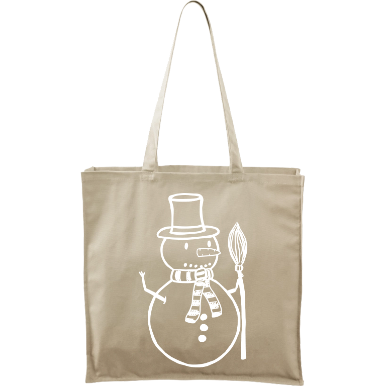 Ručně malovaná plátěná taška Carry - Sněhulák s koštětem Barva tašky: PŘÍRODNÍ, Barva motivu: BÍLÁ