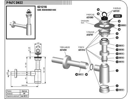 Sifon umyvadlovy P 967 C DN32 kovova vpust vyprodej