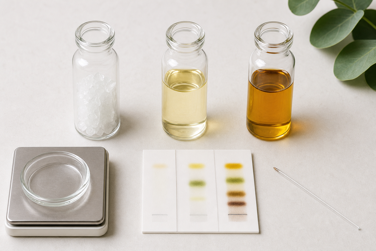 Tři laboratorní vzorky s odlišnou komplexitou a srovnávací chromatografické proužky