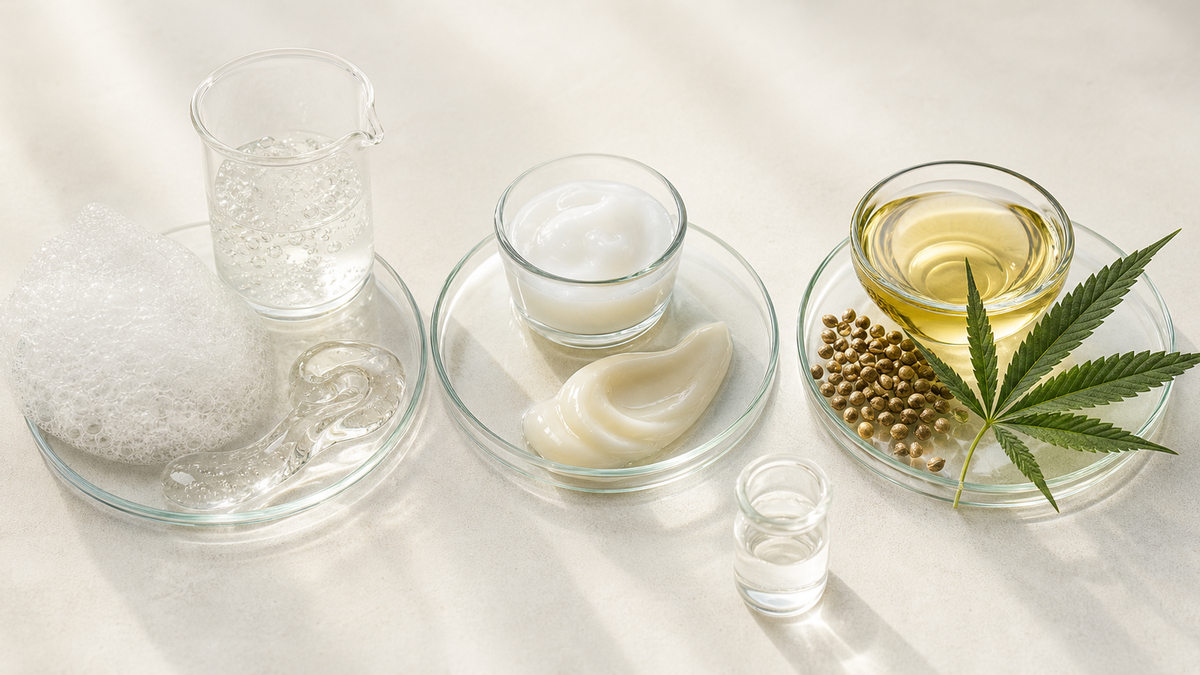 Tři skupiny laboratorních kosmetických textur představující mycí základ, kondicionační fázi a konopné ingredience