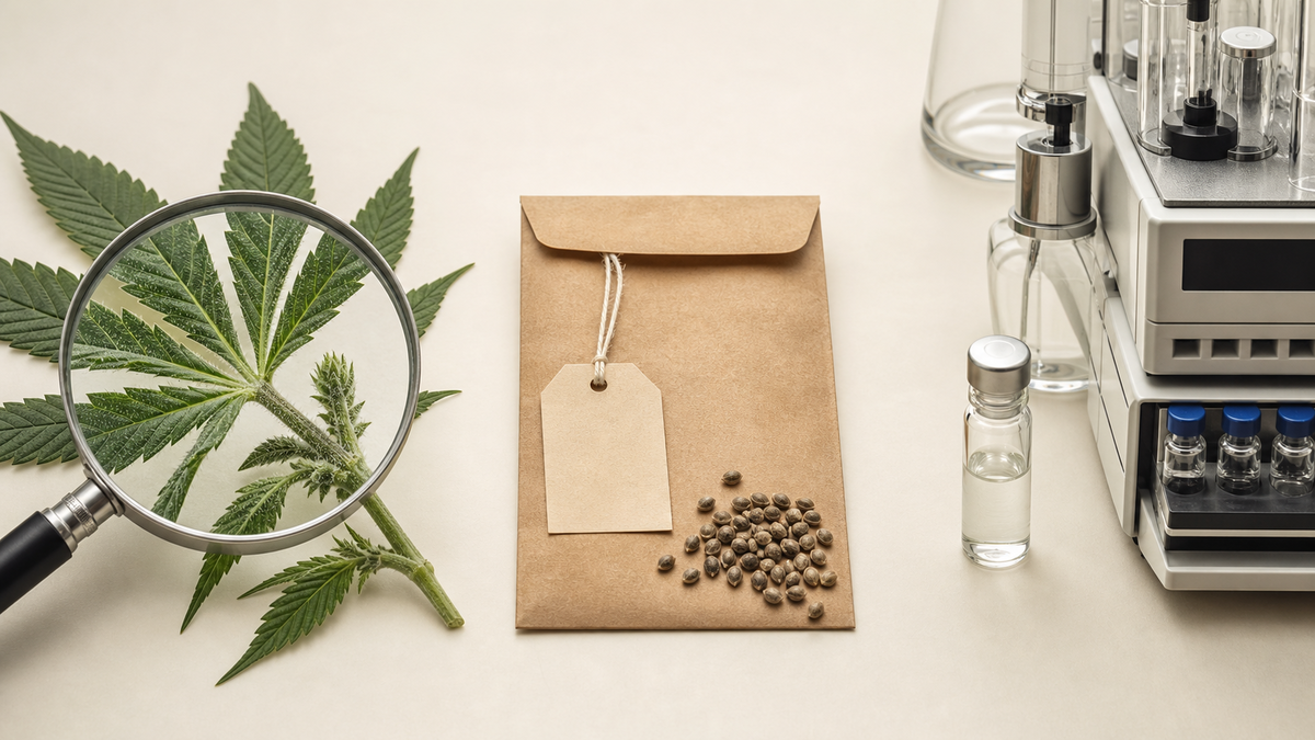 Botanický vzorek pod lupou, neoznačená obálka osiva a laboratorní vzorek jako tři vrstvy ověření