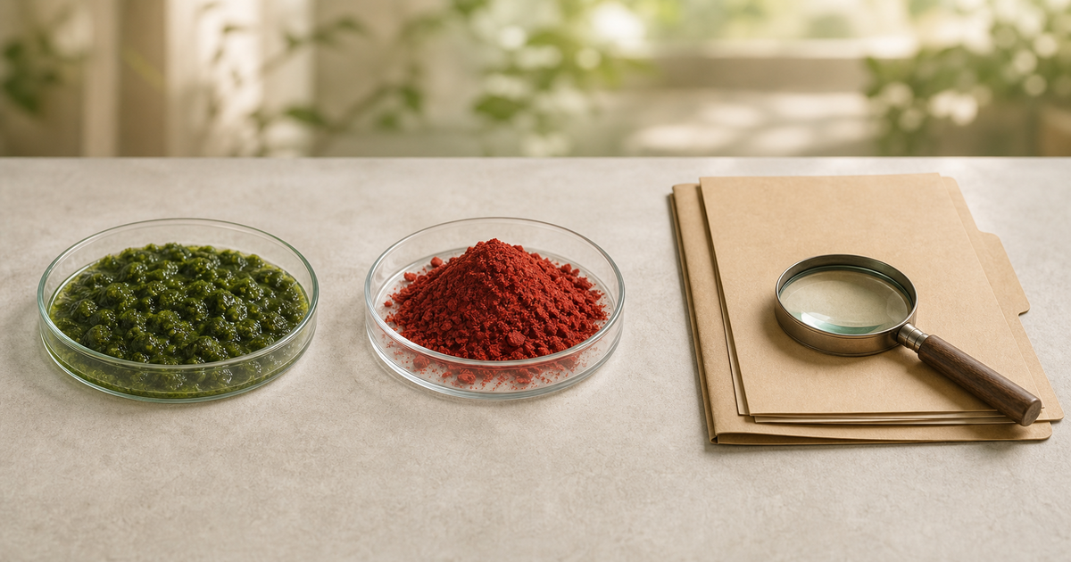 Zelená biomasa, červený pigment a prázdná dokumentace s lupou