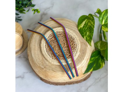 Dúhová slamka - zahnutá, nerezová