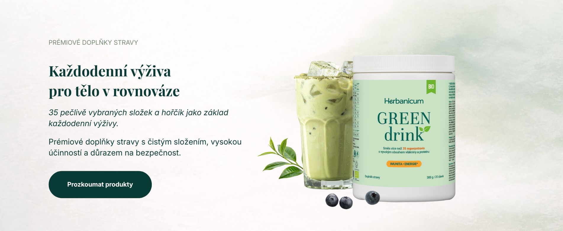 Prémiové doplňky stravy Herbanicum – Green Drink s 35 pečlivě vybranými složkami a hořčíkem jako základ každodenní výživy pro rovnováhu těla.