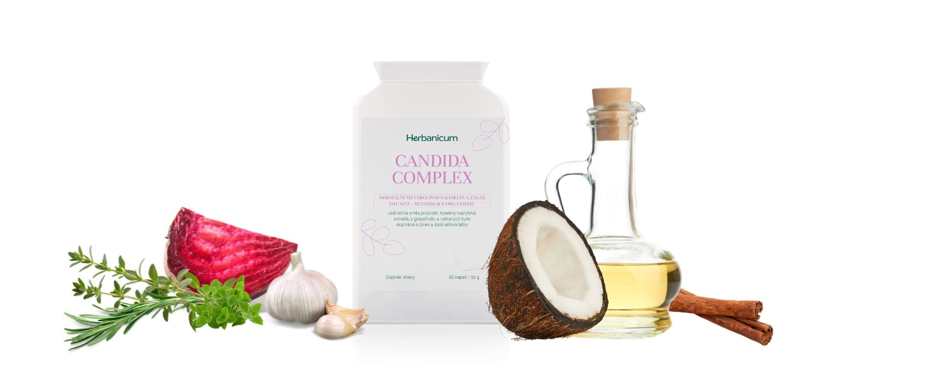 Obrázek s balením doplňku Candida Complex, bylinami, kyselinou kaprylovou a červenou řepou na bílém pozadí.