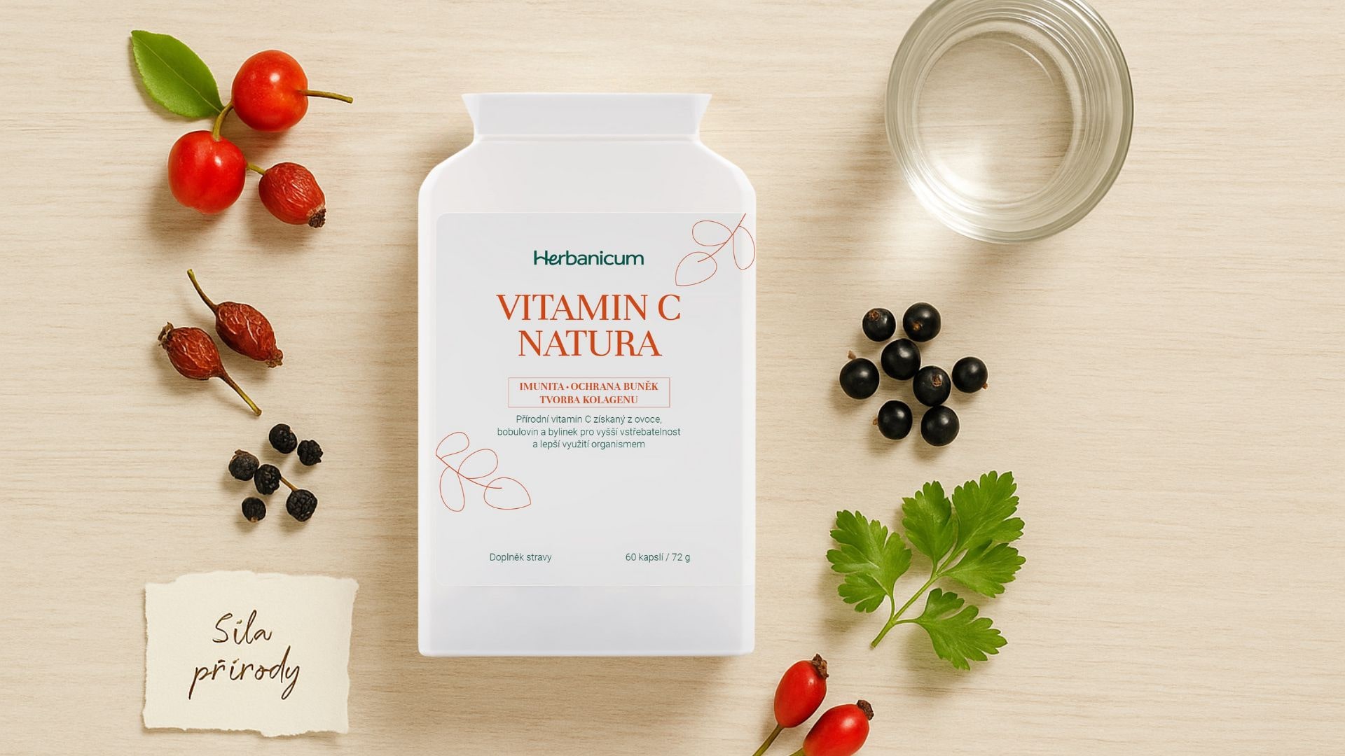 Prémiová flat lay kompozice produktu Vitamín C Natura Herbanicum s čerstvými přírodními surovinami: plody aceroly, šípky a černým rybízem.