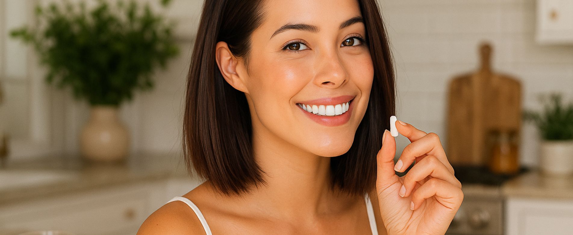 Portrét usměvavé, vitální ženy držící pilulku Vitamínu C pro silnou imunitu, kolagen a každodenní energii.