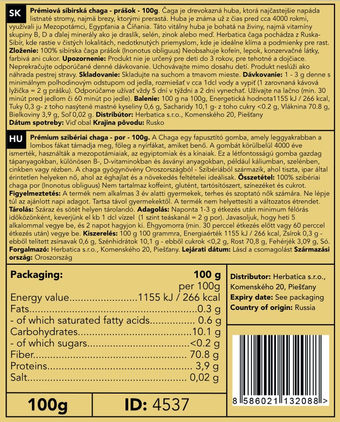 Prémium szibériai Chaga 100% por - 100g - Herbatica