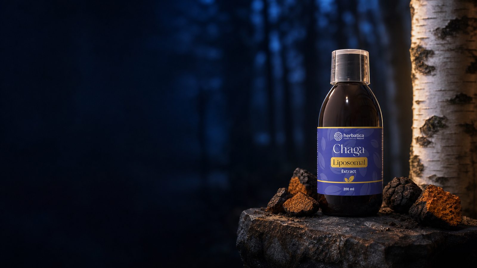 Lipozomálny extrakt Chaga Herbatica 200 ml v ilustračnej scéne s brezou a kúskami čagy