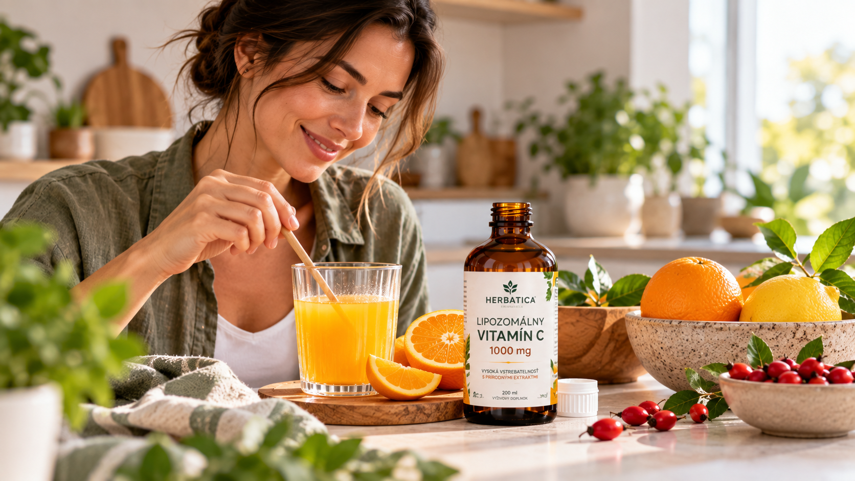 žena v kuchyni s lipozomálním vitamínem C