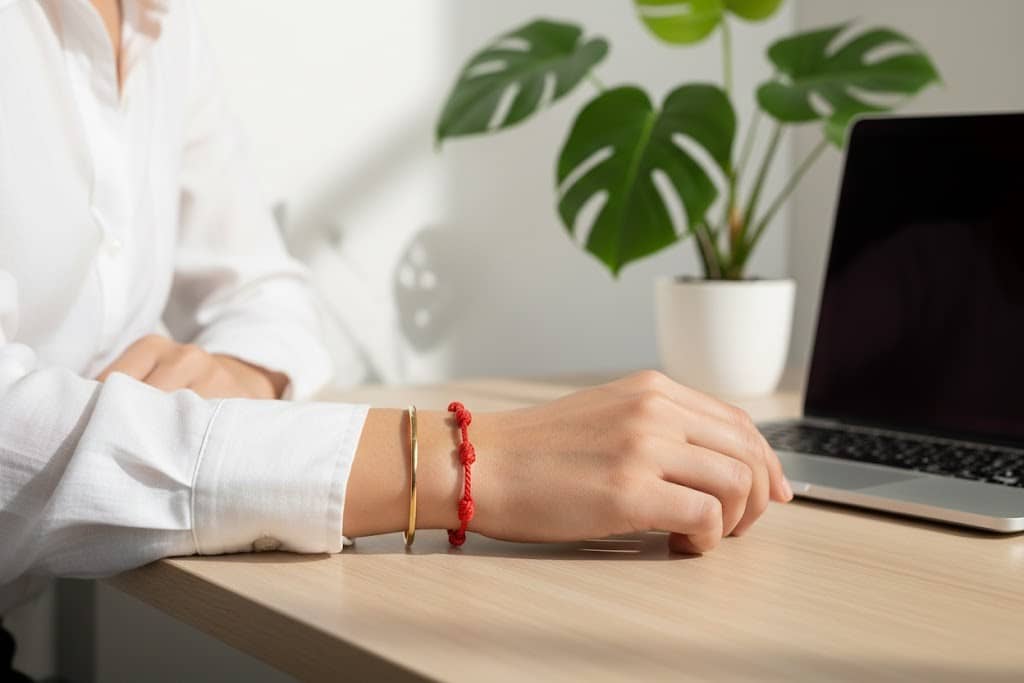 Detail červené šňůrky na zápěstí