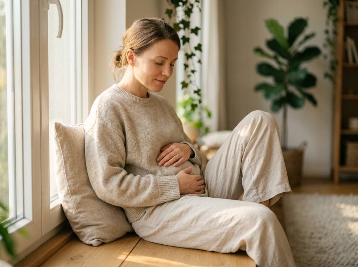 Žena držící se za břicho na gauči - bolest při endometrióze