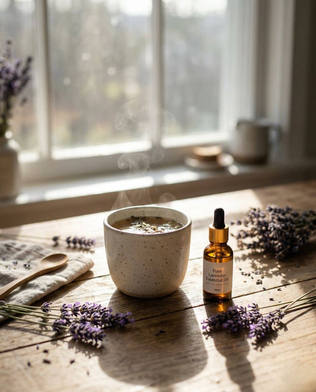 Levandulový čaj na stole s vázou plnou sušené levandule