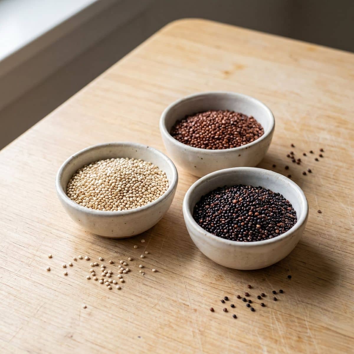 Różne rodzaje quinoa: biała, czerwona i czarna, wysypane z drewna