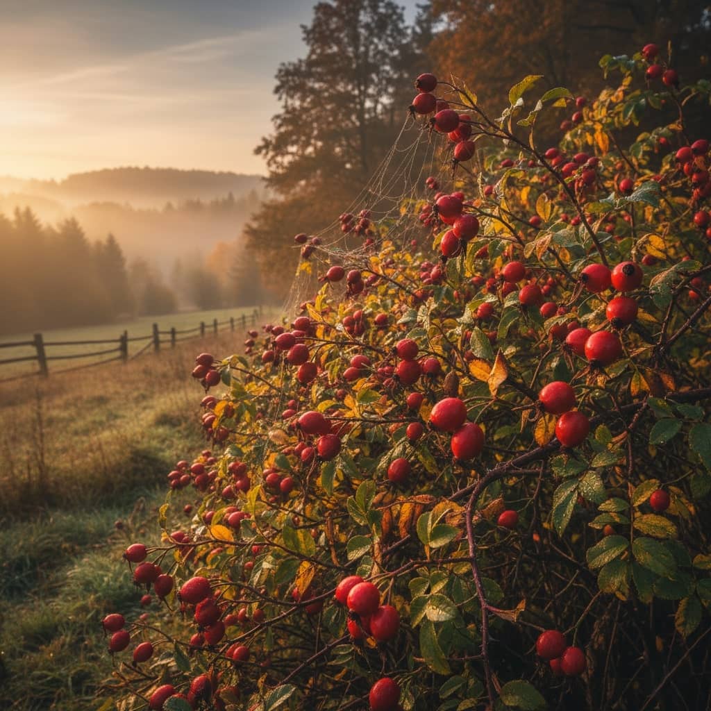 Krzew dzikiej róży bogaty w owoce