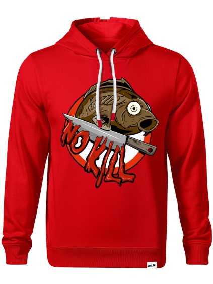 „Rybárska mikina NO KILL s dizajnom smutného kapra a odkazom CHYŤ A PUSŤ na červenej mikine. Streetwear pre kaprárov, ktorí chránia prírodu. (Kapr)“ (1)
