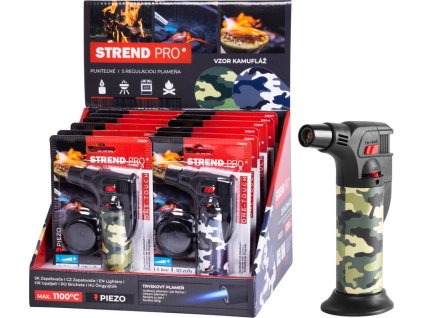 Zapaľovač Strend Pro Mini horák so0 stojanom, kamufláž, plniteľný, 75x45x120 mm