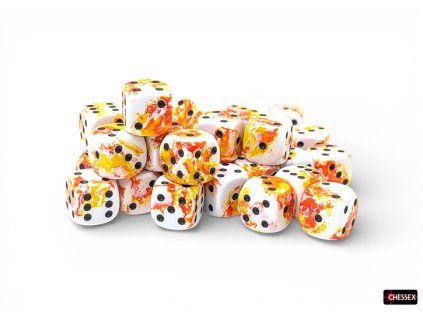 Sada 36 kostek  D6 12 mm mramorová bílo-oranžová/černá