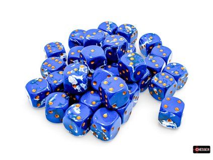 Sada 36 kostek  D6 12 mm mramorová modro-bílá/zlatá