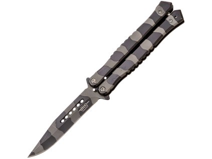 JKR Butterflymesser, 10,3 cm, Tarnmuster, Schwarz-Grau