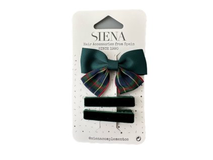 SIENA set tartan mašlička a dve zamat sponky - smaragdová zelená
