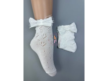 Ponožky Nina dierkované s mašličkou - biela