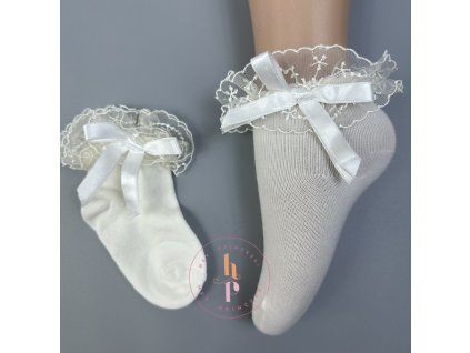 Ponožky Laura s krajkou a mašličkou - ecru jemná krémová