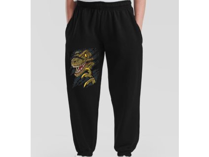 Dětské levné tepláky tmavě modré Trhající dinosaurus (vel.140 a 164)