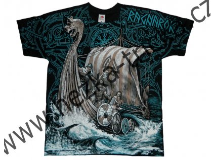 tričko, potisk, vikingové, drakar, moře, runy