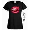 Černé dámské levné tričko s jahodou a rty