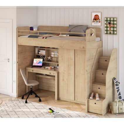 vyvysena postel se skrini se stolem se schody mocha studio