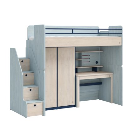 zvysena postel se stolem se skrini trio studio