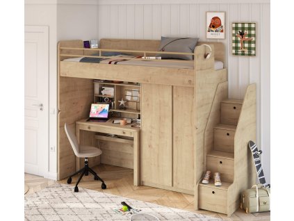 vyvysena postel se skrini se stolem se schody mocha studio