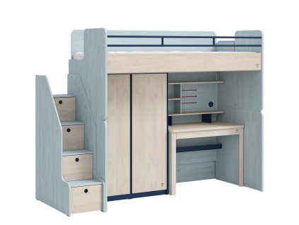 zvysena postel se stolem se skrini trio studio