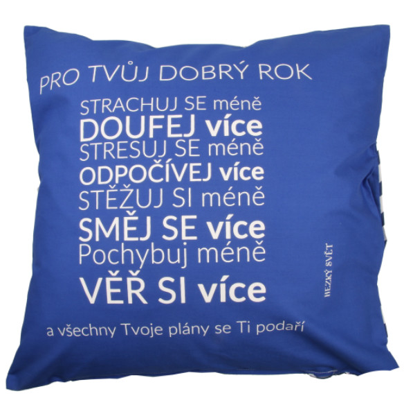 Polštář "Pro Tvůj DOBRÝ ROK" s tajnou kapsou na překvapení - modrý Polštář "Pro Tvůj DOBRÝ ROK" - s tajnou kapsou - modrý - S VÝPLNÍ